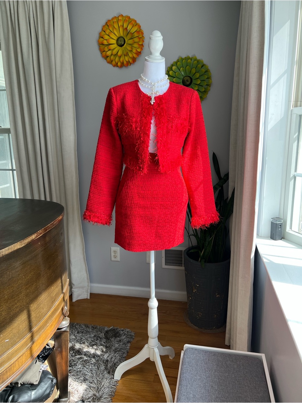 Endless Rose Red Feather Trim Tweed Crop Blazer & Mini Skirt Set Size Small $235 - Picture 7 of 16